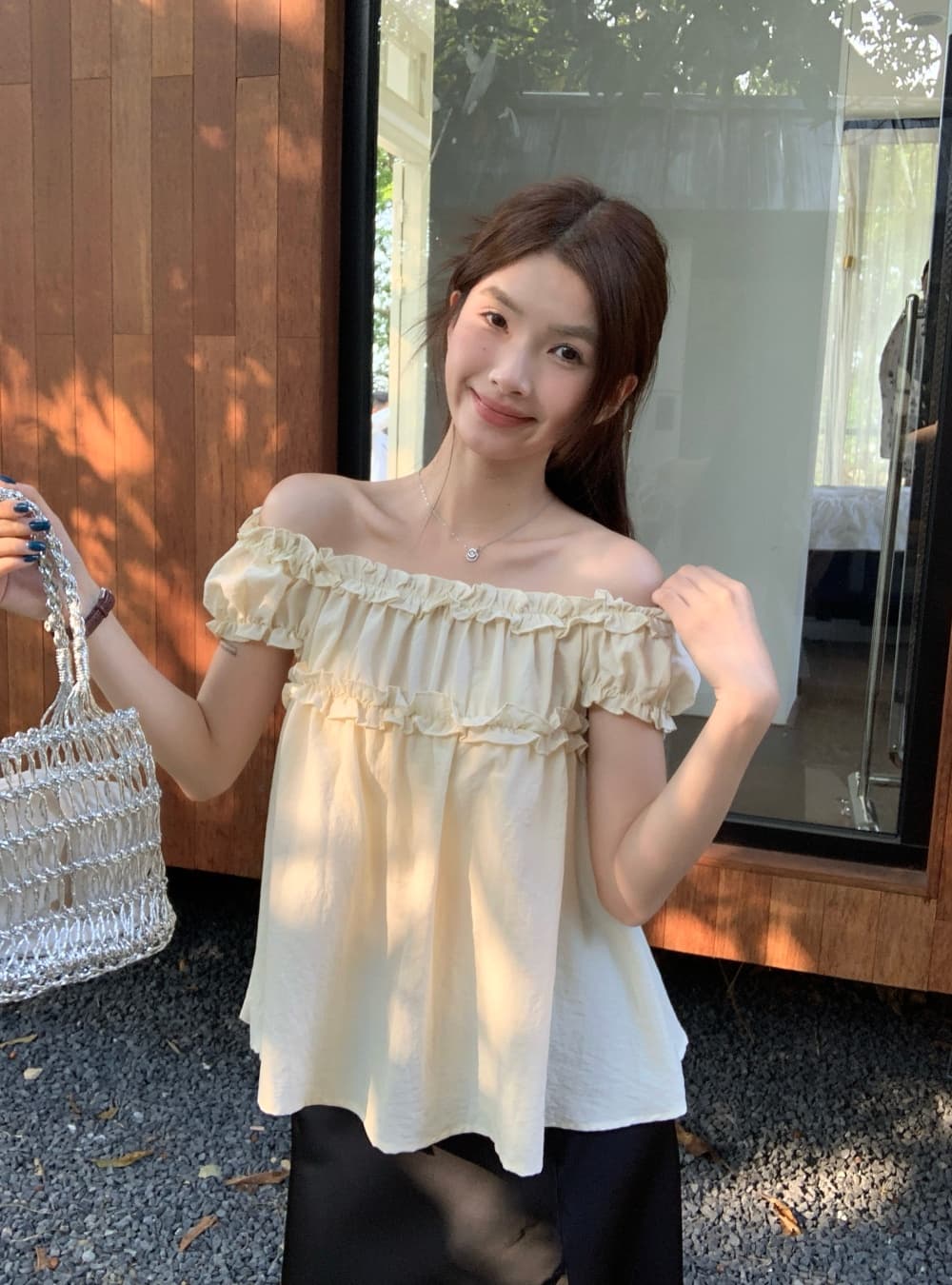 실사 여름 달콤한 차 한 부서 달콤함 부드러운 프릴 거품 소매 오프숄더 반팔 셔츠 맨위 여성 상세 이미지 16