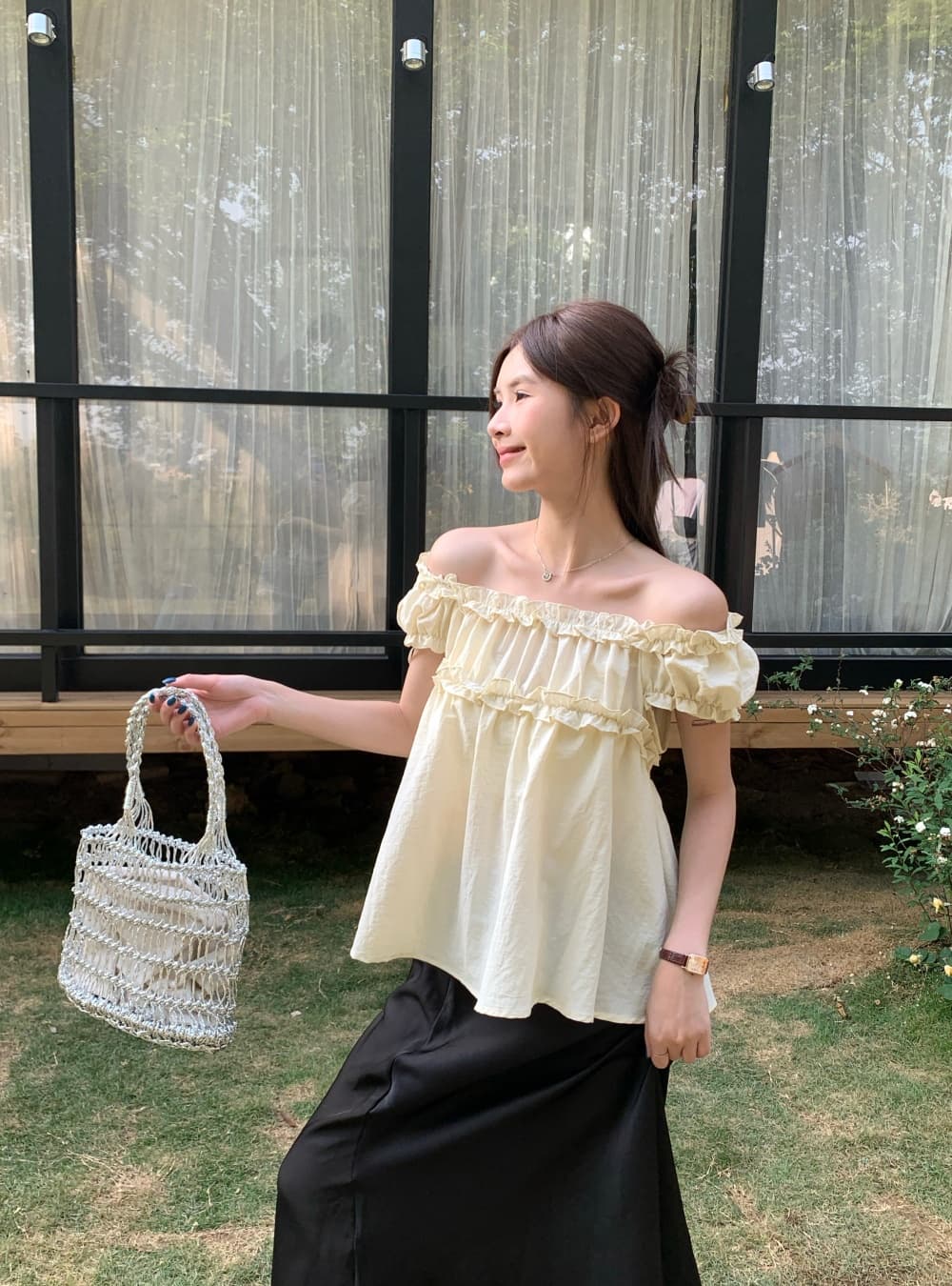 실사 여름 달콤한 차 한 부서 달콤함 부드러운 프릴 거품 소매 오프숄더 반팔 셔츠 맨위 여성 상세 이미지 18
