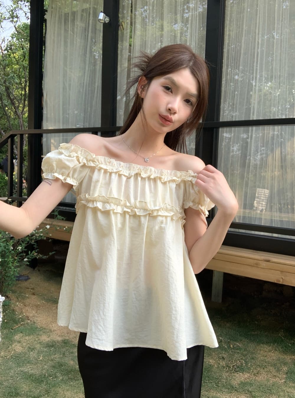 실사 여름 달콤한 차 한 부서 달콤함 부드러운 프릴 거품 소매 오프숄더 반팔 셔츠 맨위 여성 상세 이미지 22