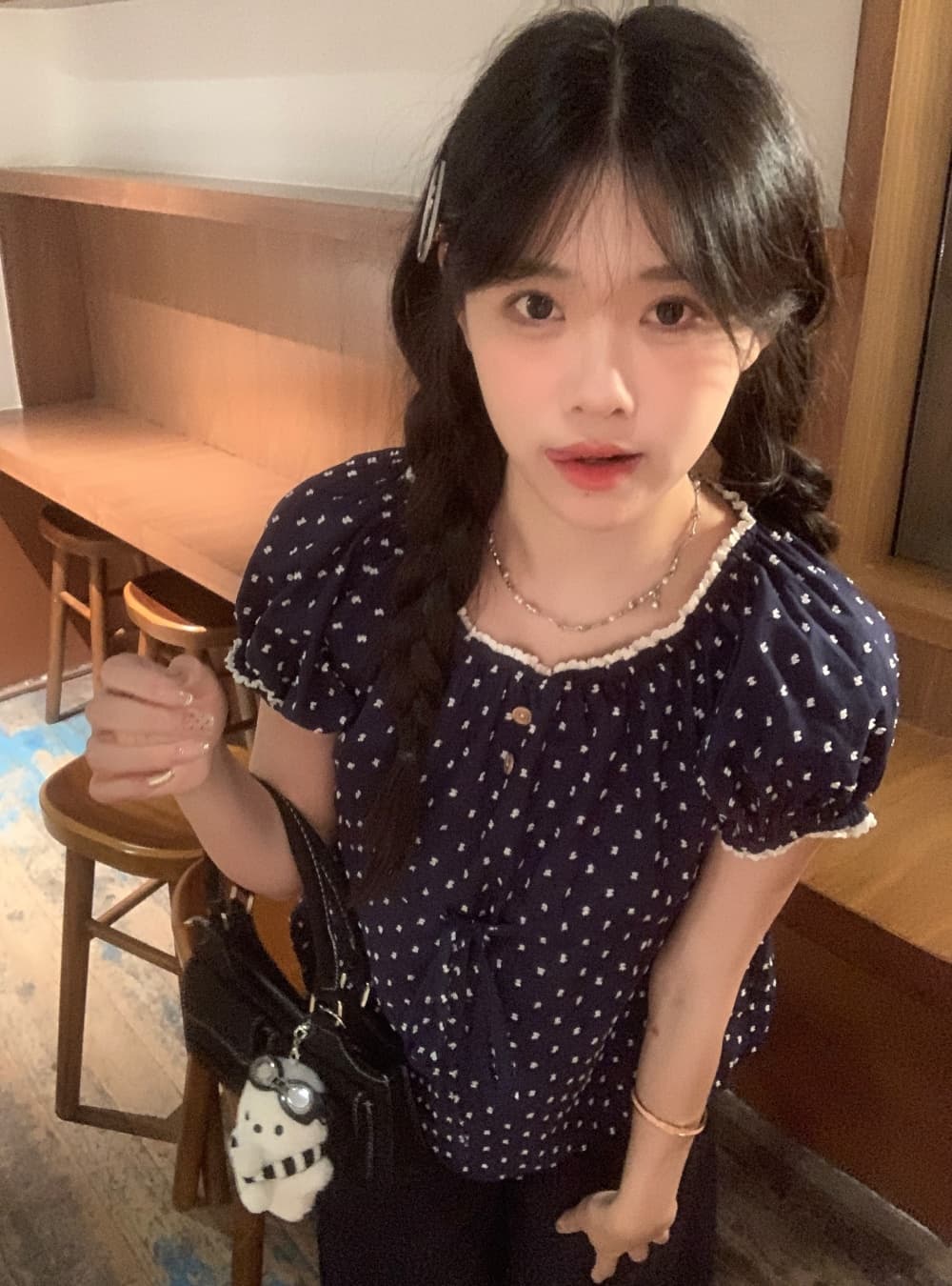 실사 도트 무늬 해군 반팔 인형 셔츠 레이스 레이스 귀여운 쇼트 스타일 여성 셔츠 이미지 2