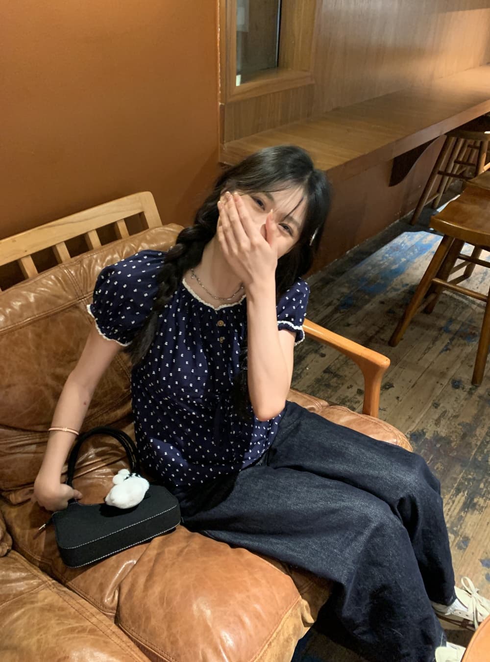 실사 도트 무늬 해군 반팔 인형 셔츠 레이스 레이스 귀여운 쇼트 스타일 여성 셔츠 이미지 4