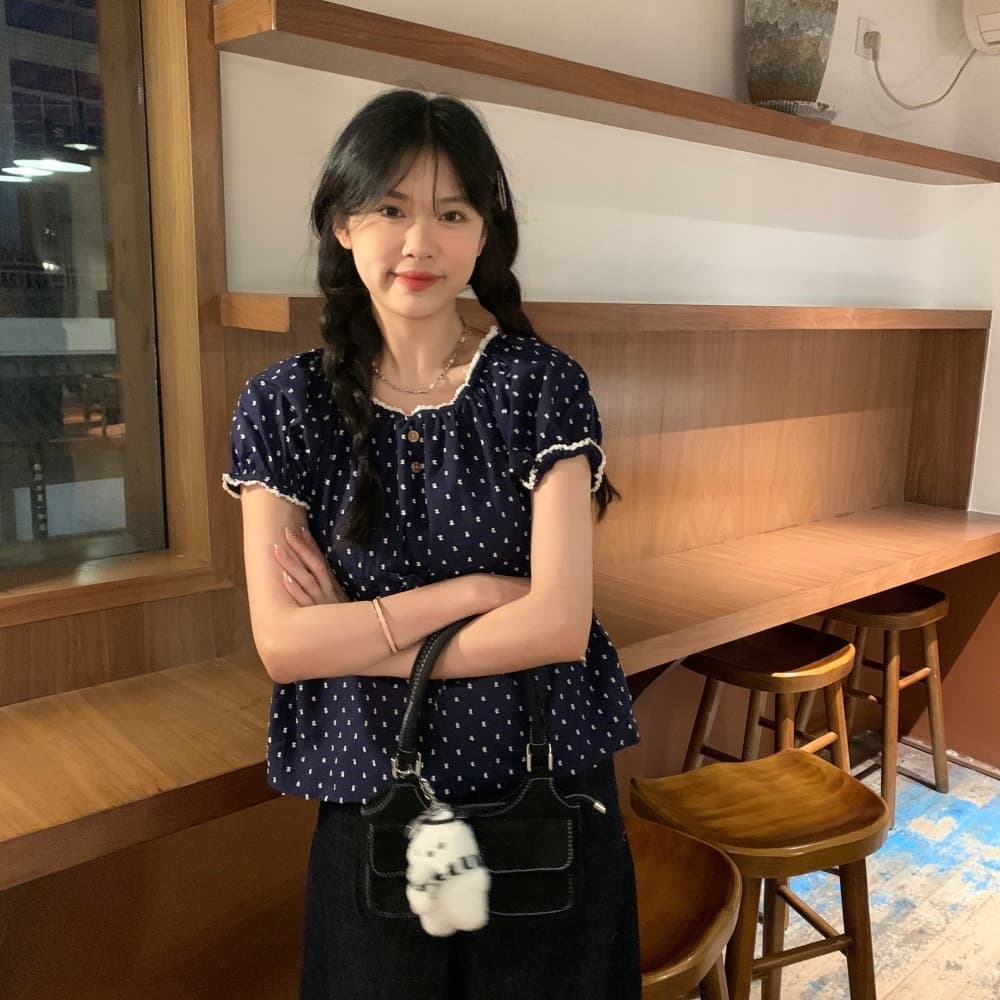 실사 도트 무늬 해군 반팔 인형 셔츠 레이스 레이스 귀여운 쇼트 스타일 여성 셔츠 이미지 5