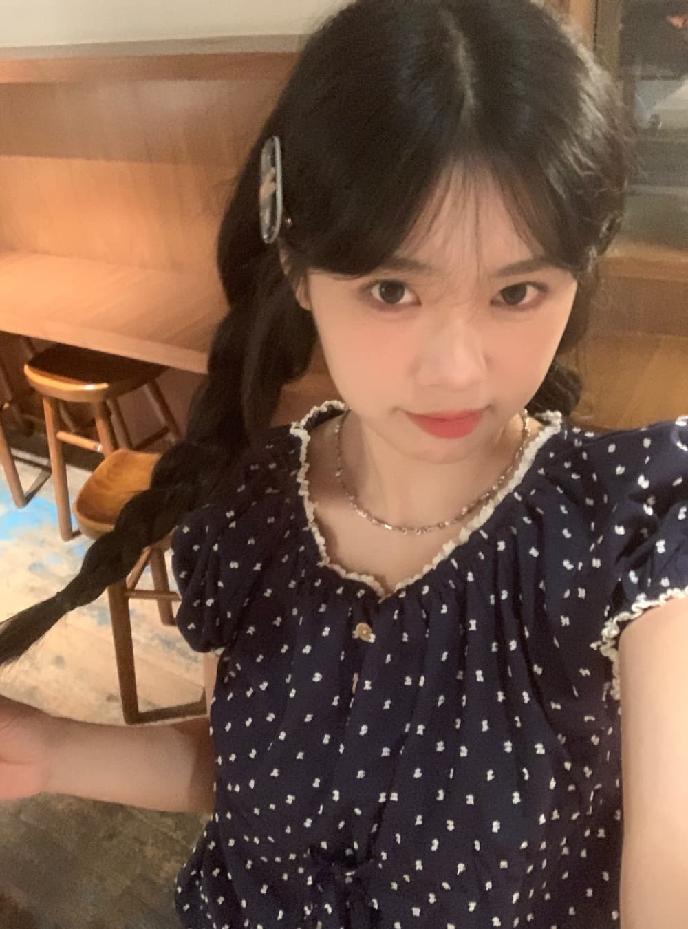 실사 도트 무늬 해군 반팔 인형 셔츠 레이스 레이스 귀여운 쇼트 스타일 여성 셔츠 상세 이미지 1