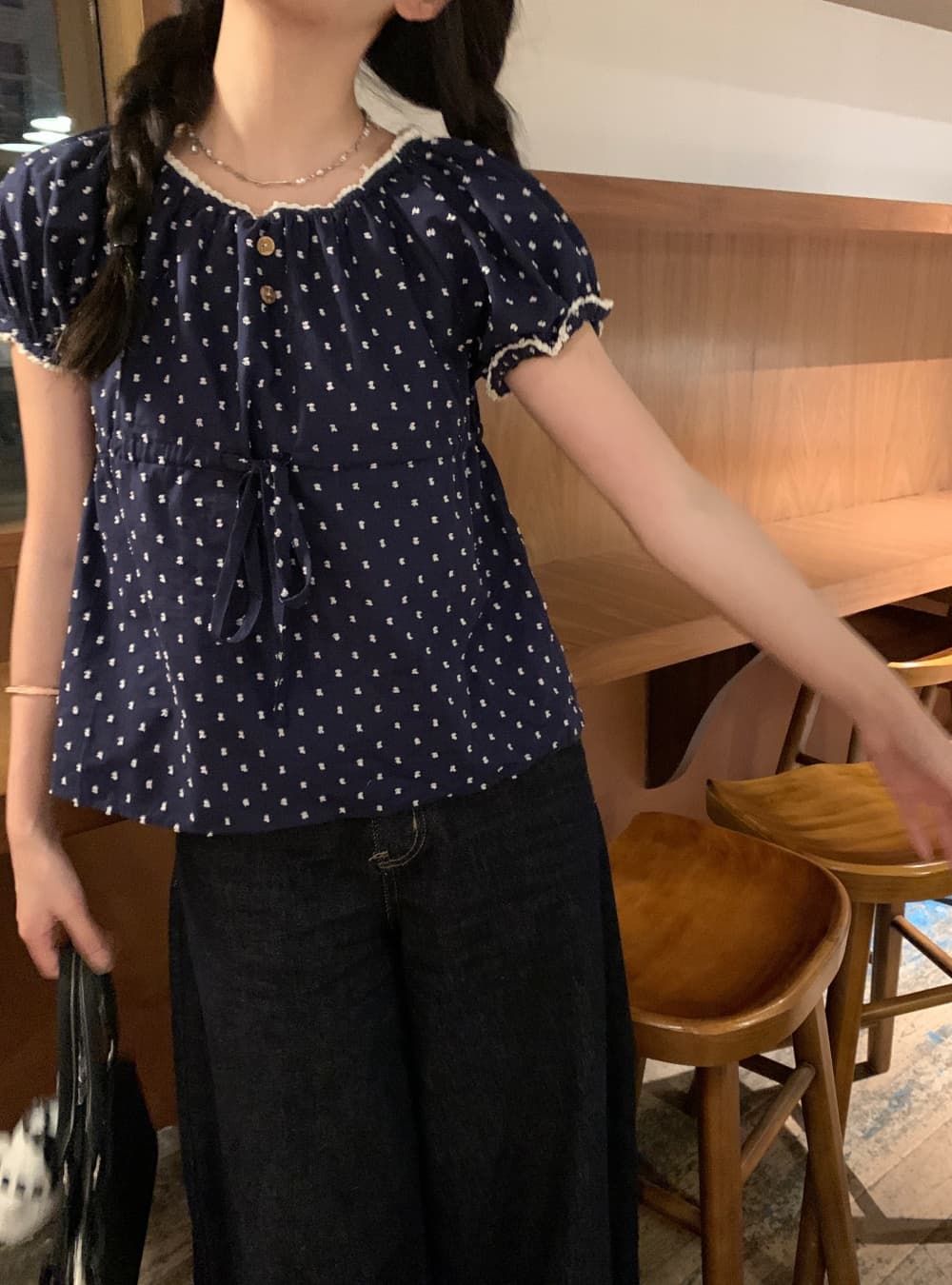 실사 도트 무늬 해군 반팔 인형 셔츠 레이스 레이스 귀여운 쇼트 스타일 여성 셔츠 상세 이미지 3