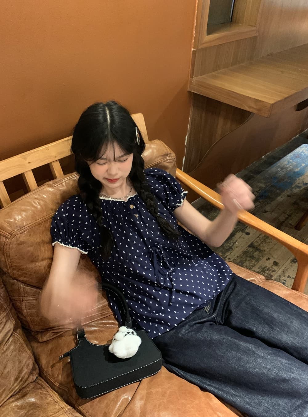 실사 도트 무늬 해군 반팔 인형 셔츠 레이스 레이스 귀여운 쇼트 스타일 여성 셔츠 상세 이미지 4