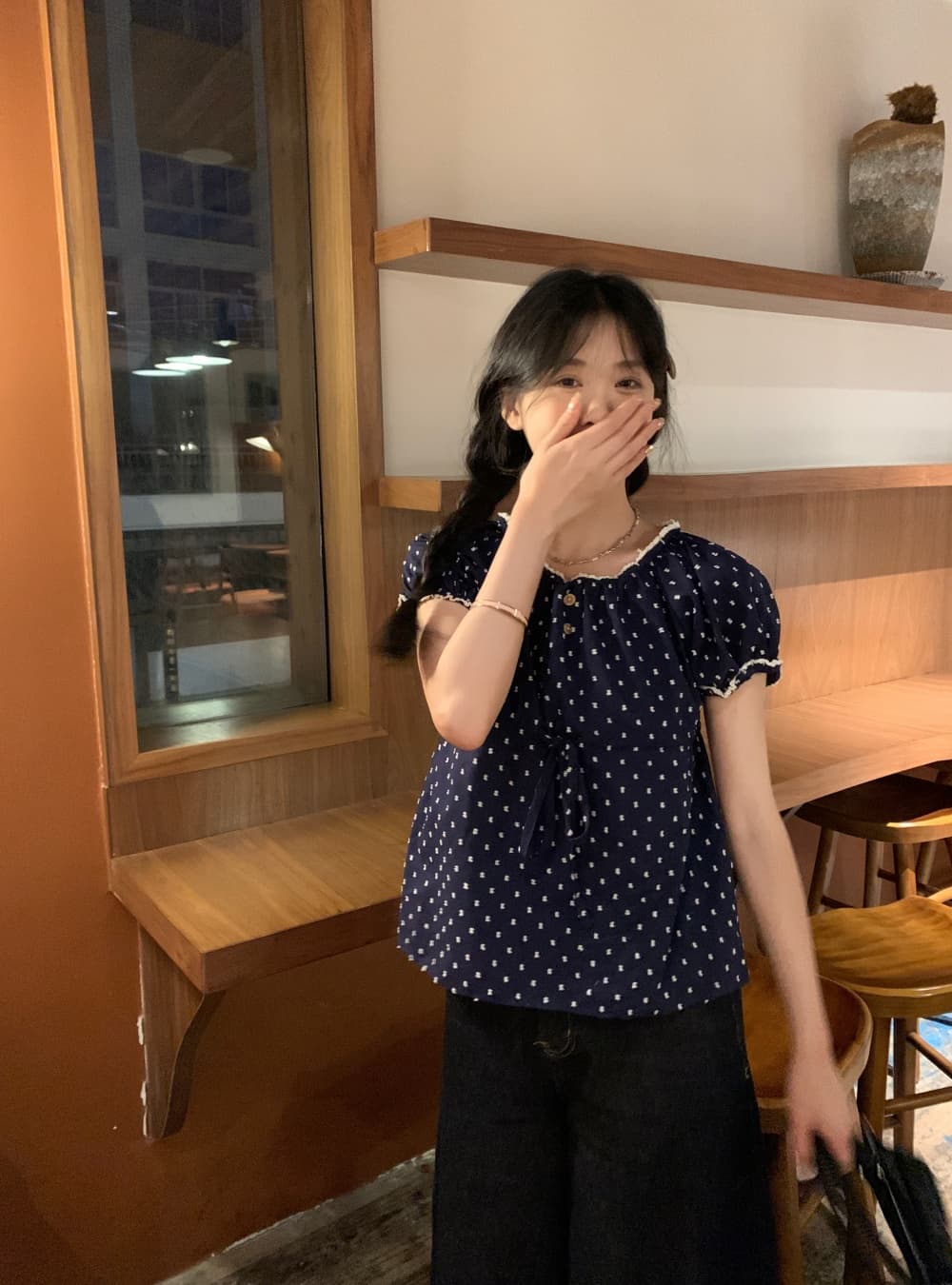 실사 도트 무늬 해군 반팔 인형 셔츠 레이스 레이스 귀여운 쇼트 스타일 여성 셔츠 상세 이미지 7
