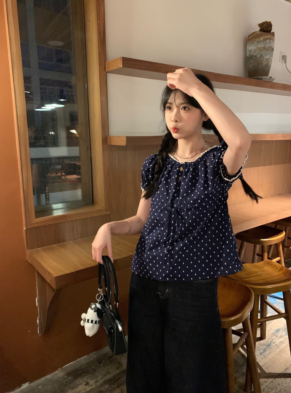 실사 도트 무늬 해군 반팔 인형 셔츠 레이스 레이스 귀여운 쇼트 스타일 여성 셔츠 상세 이미지 8