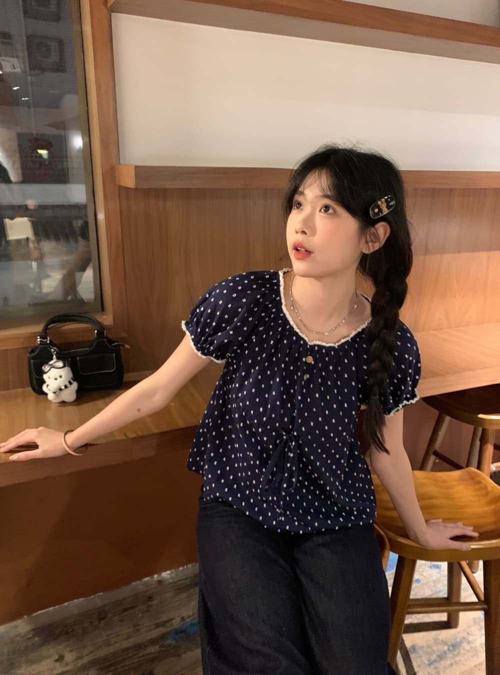 실사 도트 무늬 해군 반팔 인형 셔츠 레이스 레이스 귀여운 쇼트 스타일 여성 셔츠 상세 이미지 10