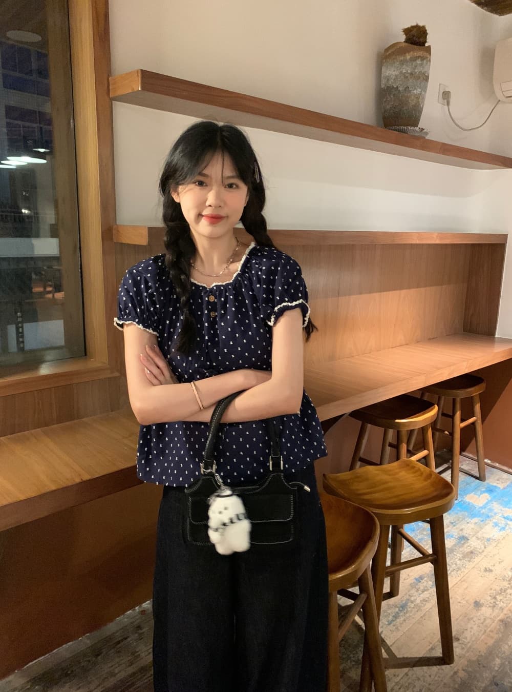 실사 도트 무늬 해군 반팔 인형 셔츠 레이스 레이스 귀여운 쇼트 스타일 여성 셔츠 상세 이미지 13