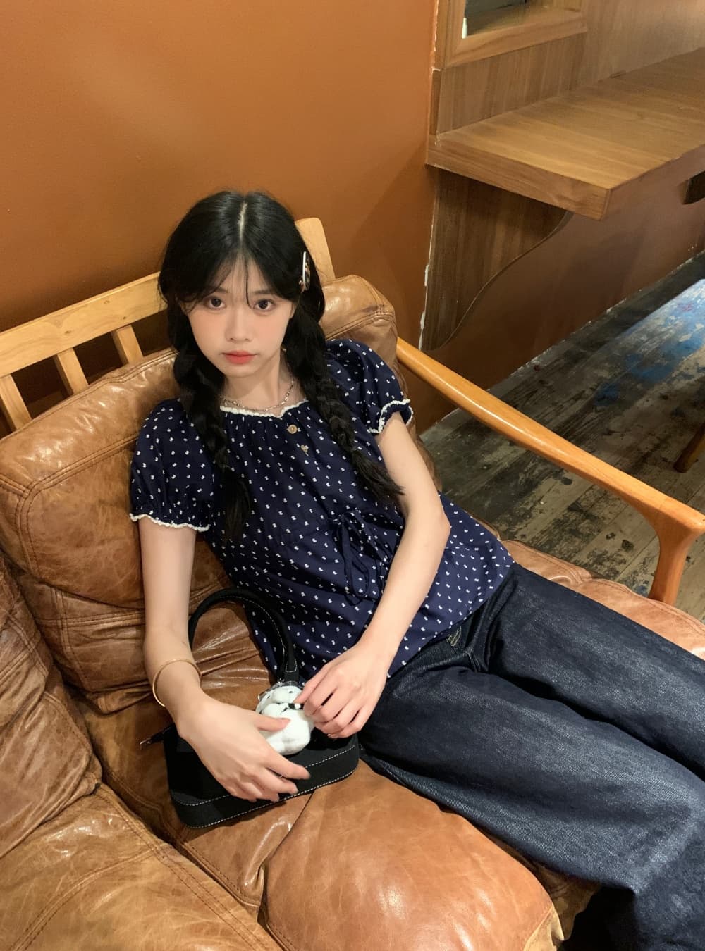 실사 도트 무늬 해군 반팔 인형 셔츠 레이스 레이스 귀여운 쇼트 스타일 여성 셔츠 상세 이미지 14