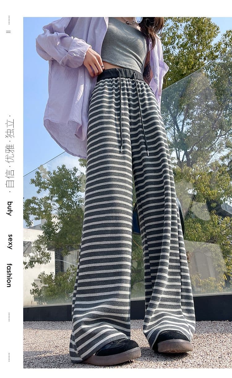 양모 스트라이프 레트로 스트라이프 니트 와이드 레깅스 바지 가을 펌프 로프 슬림해 보이는 느긋한 도루 가을 센스 캐주얼 바닥 청소 바지 상세 이미지 39