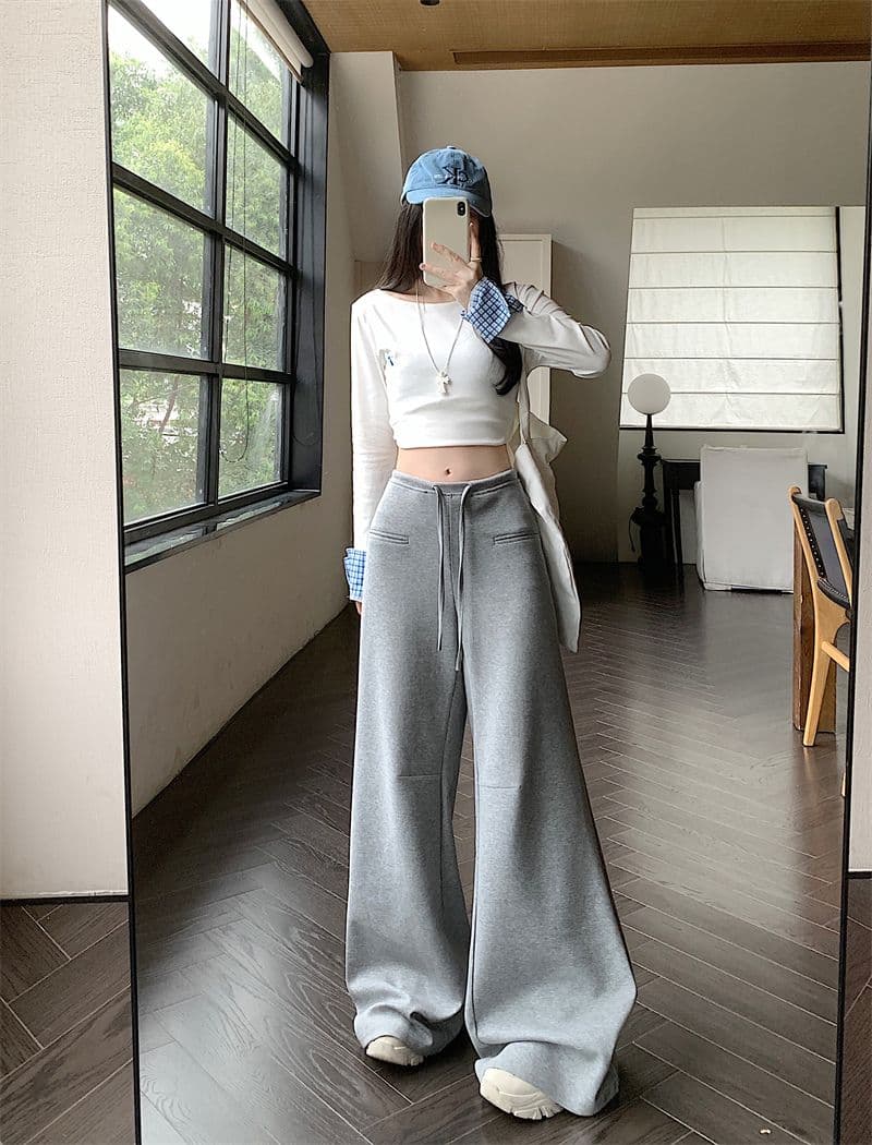 실사 빈 가스 층 디자인 센스 펌프 로프 캐주얼 바지 와이드 레깅스 바지 하이웨이스트 도루 센스 스트레이트 팬츠 회색 롱 바지 상세 이미지 4