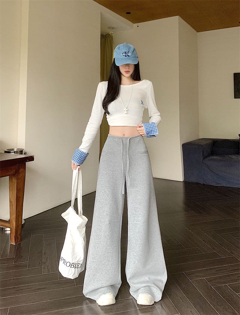 실사 빈 가스 층 디자인 센스 펌프 로프 캐주얼 바지 와이드 레깅스 바지 하이웨이스트 도루 센스 스트레이트 팬츠 회색 롱 바지 상세 이미지 10