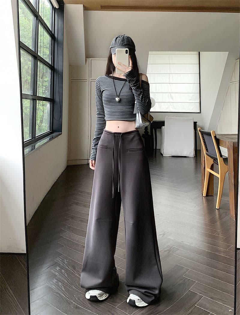 실사 빈 가스 층 디자인 센스 펌프 로프 캐주얼 바지 와이드 레깅스 바지 하이웨이스트 도루 센스 스트레이트 팬츠 회색 롱 바지 상세 이미지 28