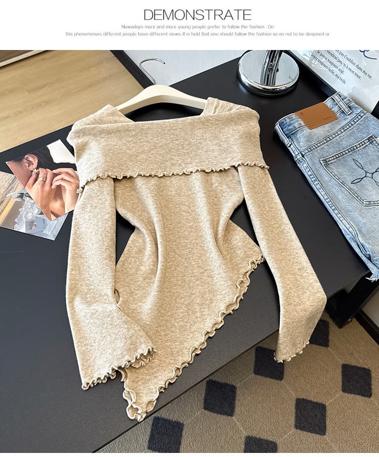 가을 겨울철 새로운 패션 외국 가스 불규칙 오프숄더 긴팔 니트 스웨터 여성 몸매 가꾸기 슬림해 보이는 기본 셔츠 맨위 상세 이미지 10