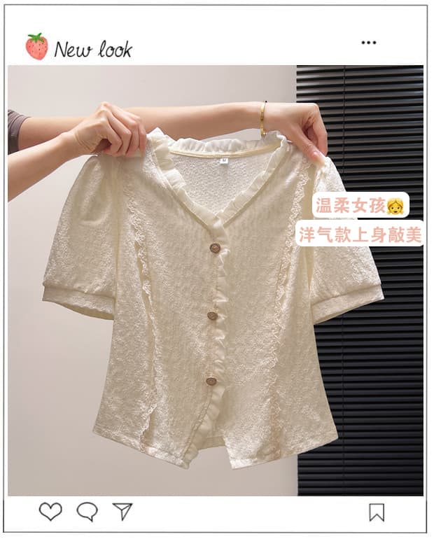 여름 새로운 패션 외국 가스 V넥 레이스 조각 반팔 여성 셔츠 디자인 센스 슬림해 보이는 연령 감소 질감 맨위 상세 이미지 2