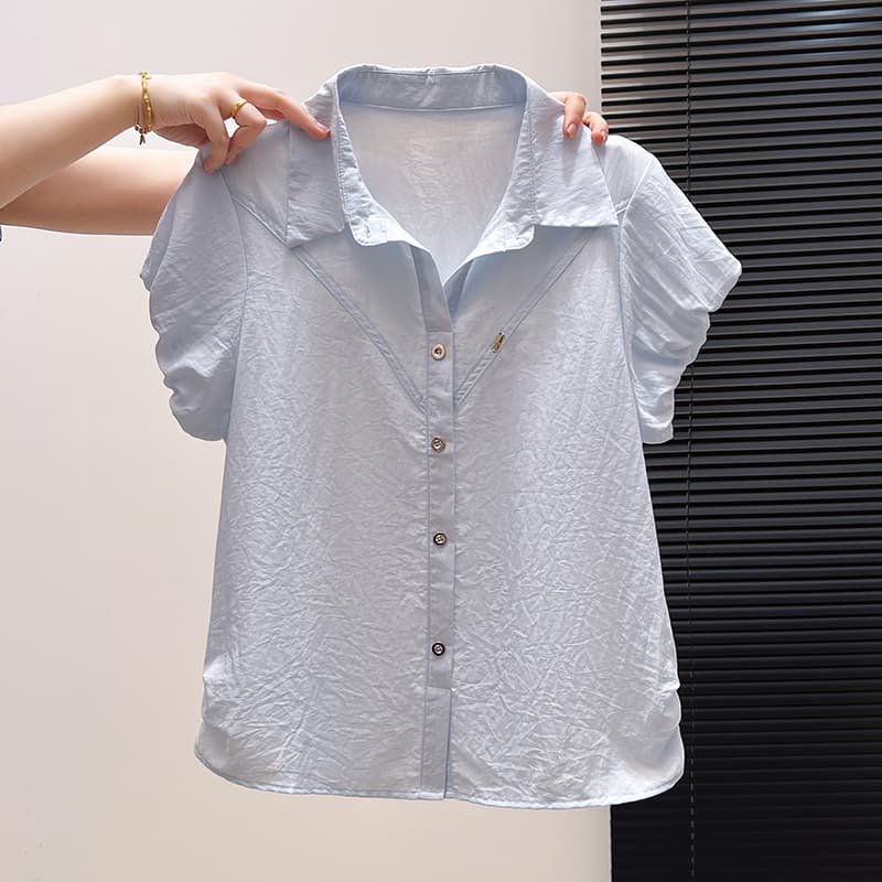 2026 여름 새로운 패션 외국 가스 POLO 칼라 반팔 프랑스식 여성 셔츠 디자인 센스 슬림해 보이는 거품 소매 맨위 이미지 2