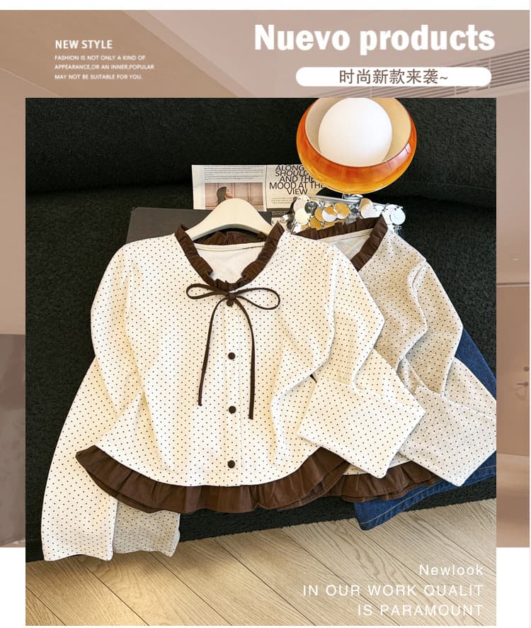 프랑스식 도트 무늬 긴팔 작은 셔츠 여성 가을 새로운 배색 프릴 나비 매듭 V넥 페이크 레이어드 티셔츠 맨위 트렌디 상세 이미지 2