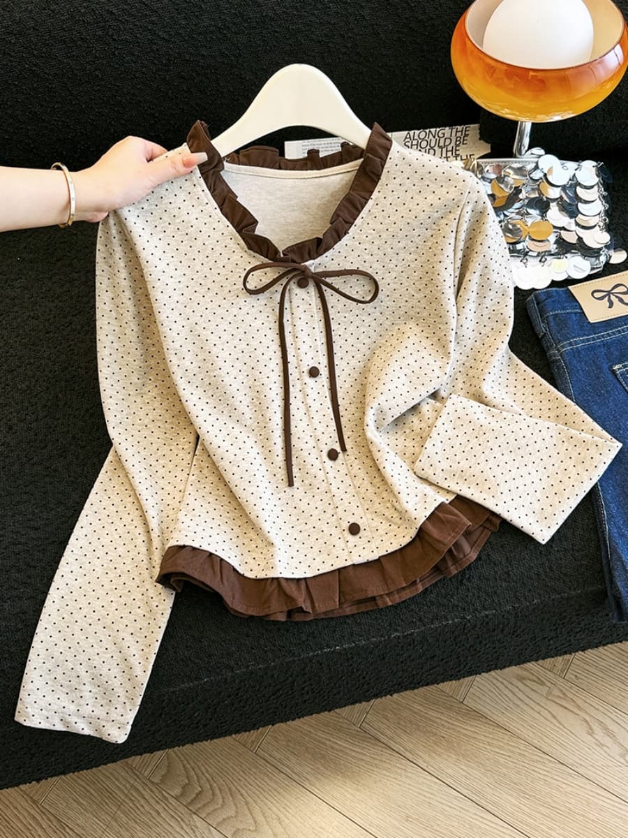 프랑스식 도트 무늬 긴팔 작은 셔츠 여성 가을 새로운 배색 프릴 나비 매듭 V넥 페이크 레이어드 티셔츠 맨위 트렌디 이미지 3
