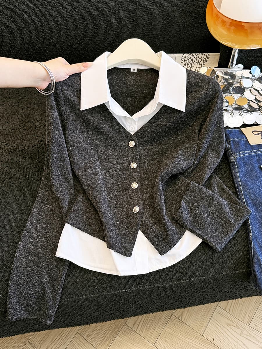 프랑스식 품격 POLO 칼라 페이크 레이어드 여성 셔츠 가을 새로운 디자인 센스 슬림해 보이는 니트 패치워크 긴팔 작은 셔츠 이미지 3