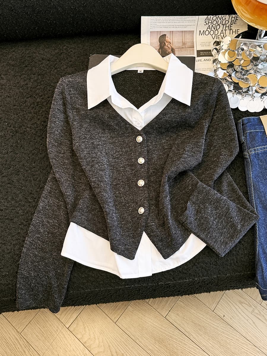 프랑스식 품격 POLO 칼라 페이크 레이어드 여성 셔츠 가을 새로운 디자인 센스 슬림해 보이는 니트 패치워크 긴팔 작은 셔츠 이미지 5