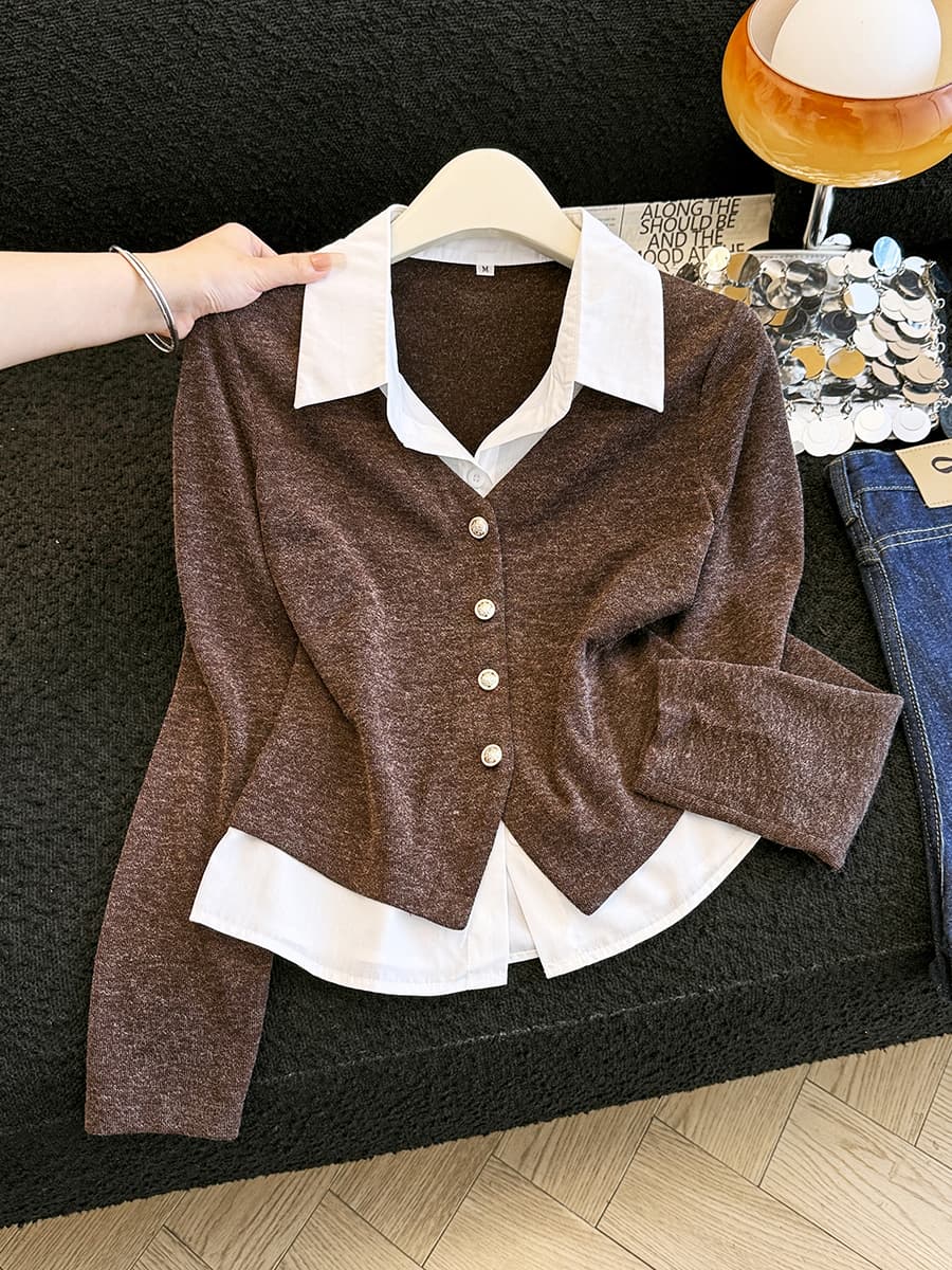 프랑스식 품격 POLO 칼라 페이크 레이어드 여성 셔츠 가을 새로운 디자인 센스 슬림해 보이는 니트 패치워크 긴팔 작은 셔츠 이미지 2