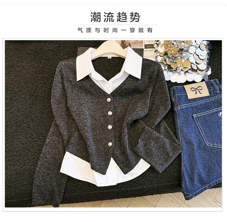 프랑스식 품격 POLO 칼라 페이크 레이어드 여성 셔츠 가을 새로운 디자인 센스 슬림해 보이는 니트 패치워크 긴팔 작은 셔츠 상세 이미지 4