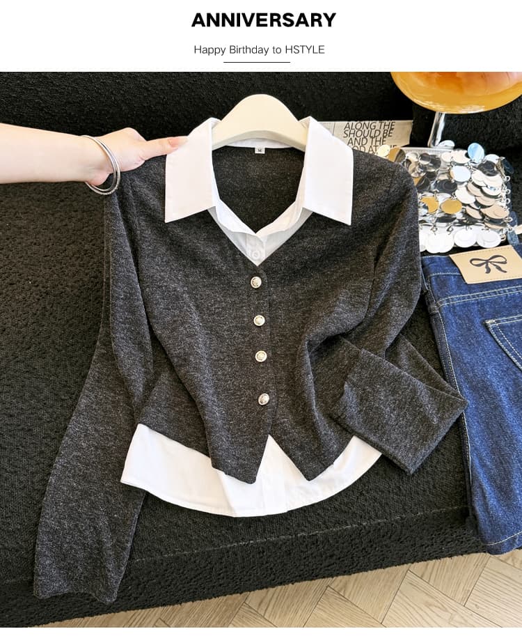 프랑스식 품격 POLO 칼라 페이크 레이어드 여성 셔츠 가을 새로운 디자인 센스 슬림해 보이는 니트 패치워크 긴팔 작은 셔츠 상세 이미지 7