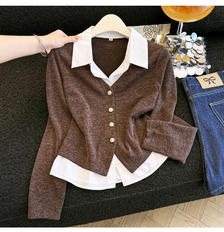 프랑스식 품격 POLO 칼라 페이크 레이어드 여성 셔츠 가을 새로운 디자인 센스 슬림해 보이는 니트 패치워크 긴팔 작은 셔츠 상세 이미지 10