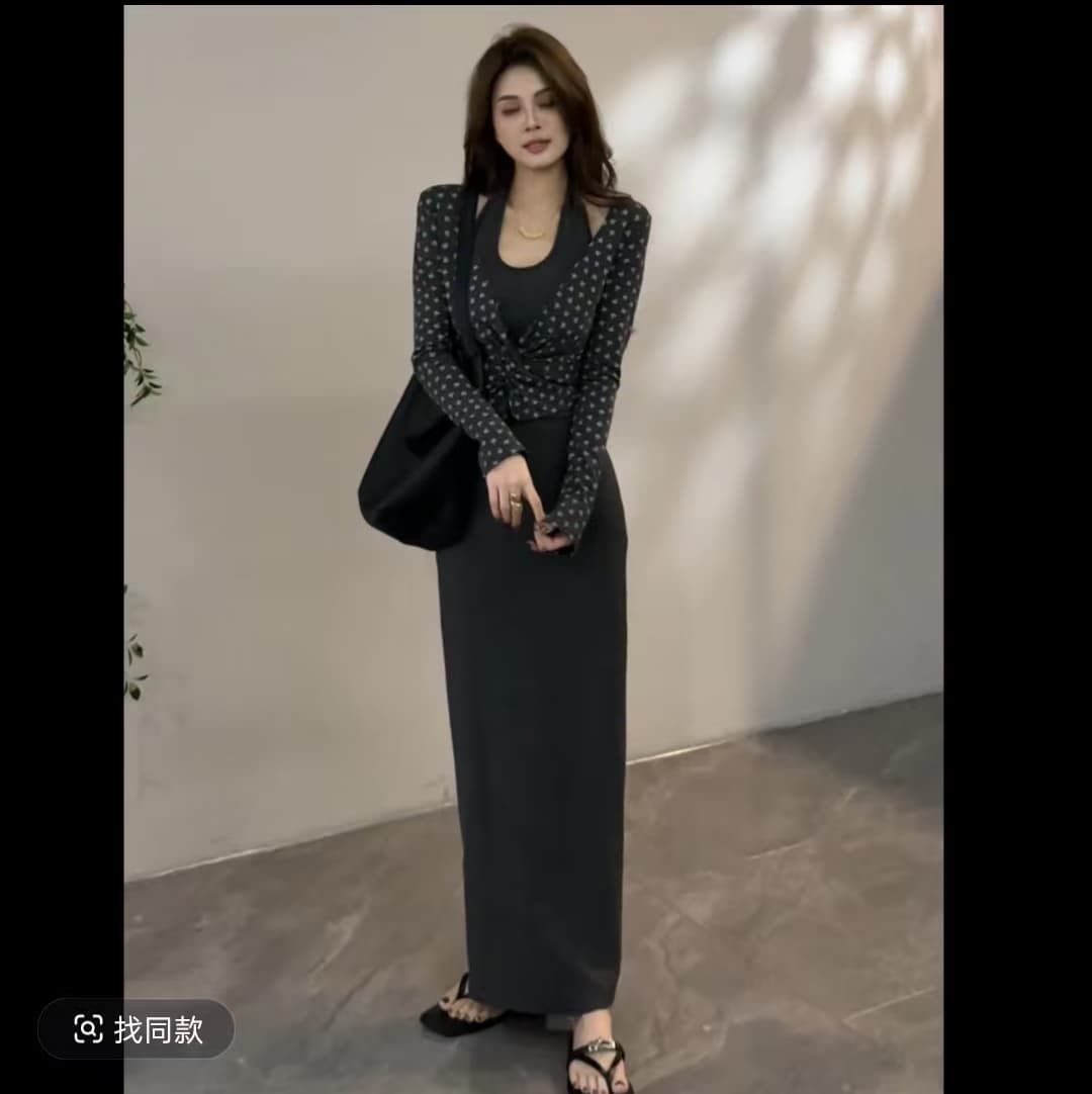 대 찌르기 이른 봄 새로운 패션 슬림해 보이는 품격 레트로 긴팔 몸매 가꾸기 프린트 행침 목 치마 세트 상세 이미지 3