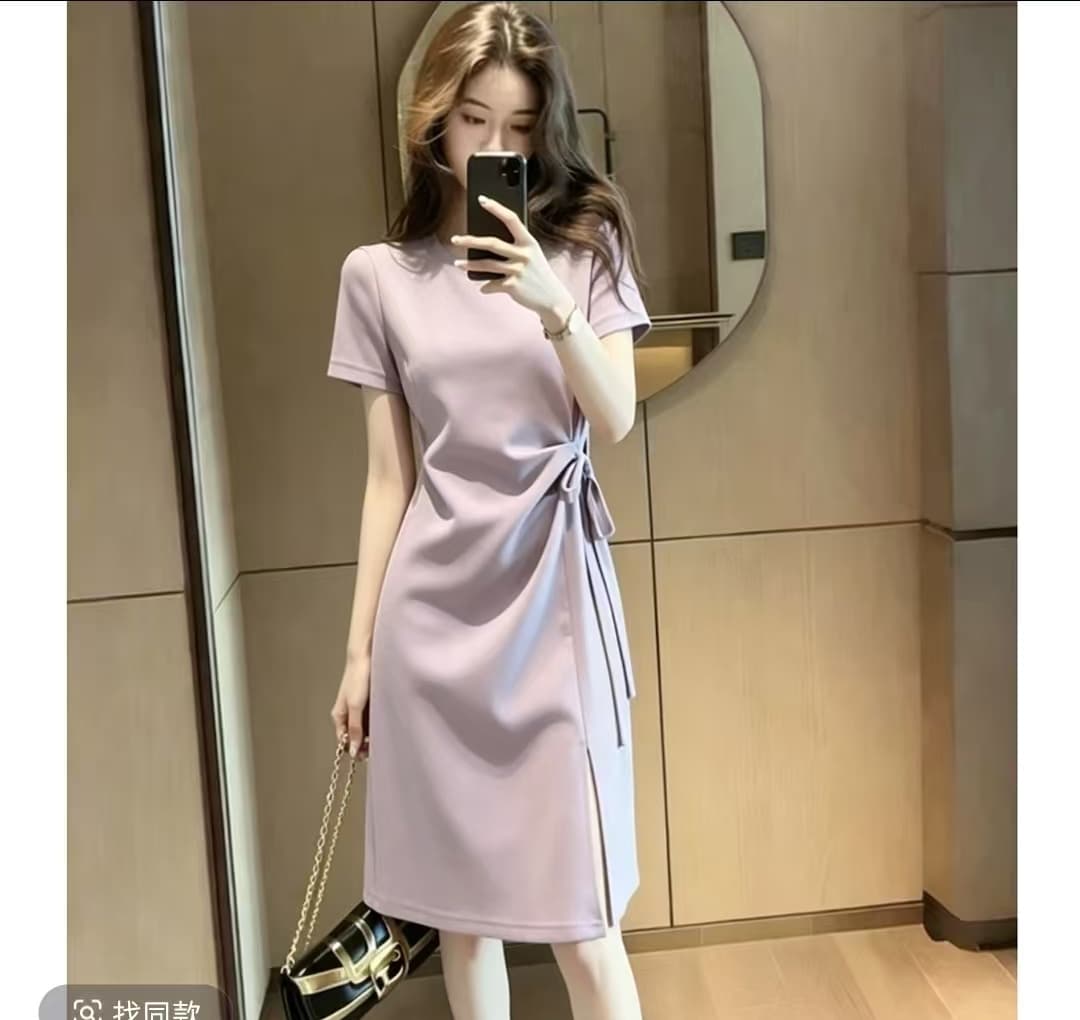 캐주얼 프랑스식 보라색 반팔 티셔츠 여성 드레스 여름 디자인 센스 작은 대중 트임 허리 수축 한 마디 중간 길이 치마 이미지 2