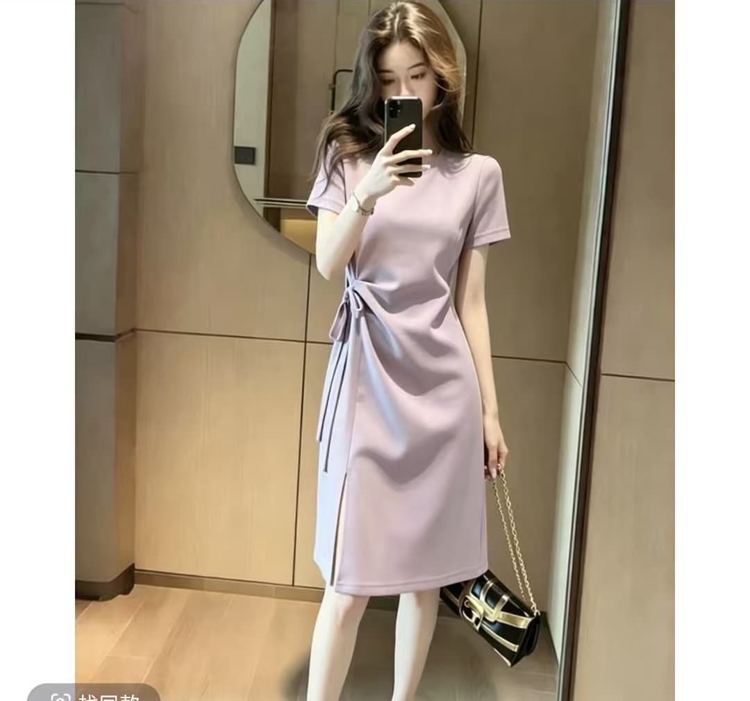 캐주얼 프랑스식 보라색 반팔 티셔츠 여성 드레스 여름 디자인 센스 작은 대중 트임 허리 수축 한 마디 중간 길이 치마 이미지 4