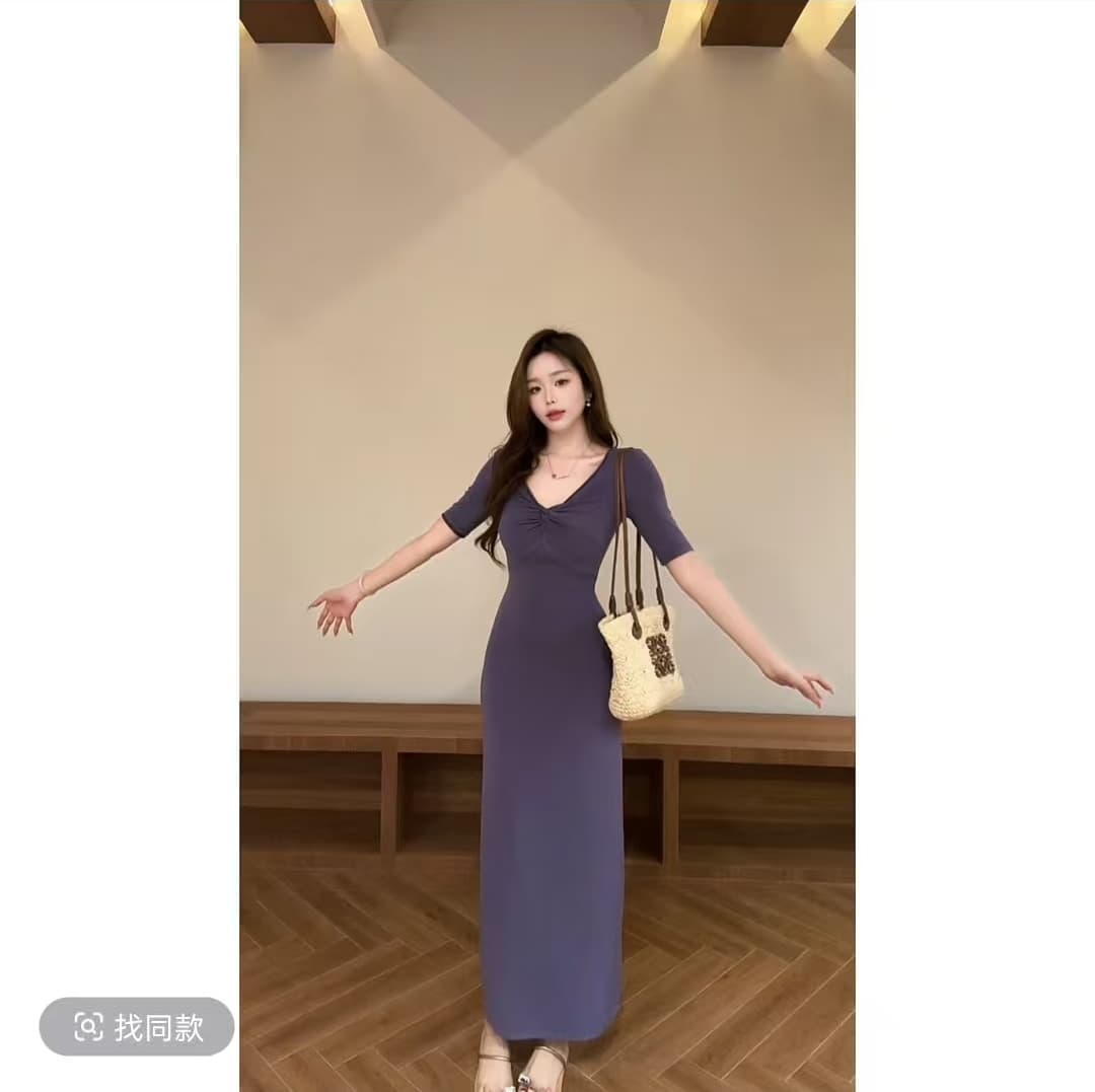 여름 새로운 V넥 비틀림 허리 수축 반팔 슬림해 보이는 품격 롱 코트 드레스 상세 이미지 4