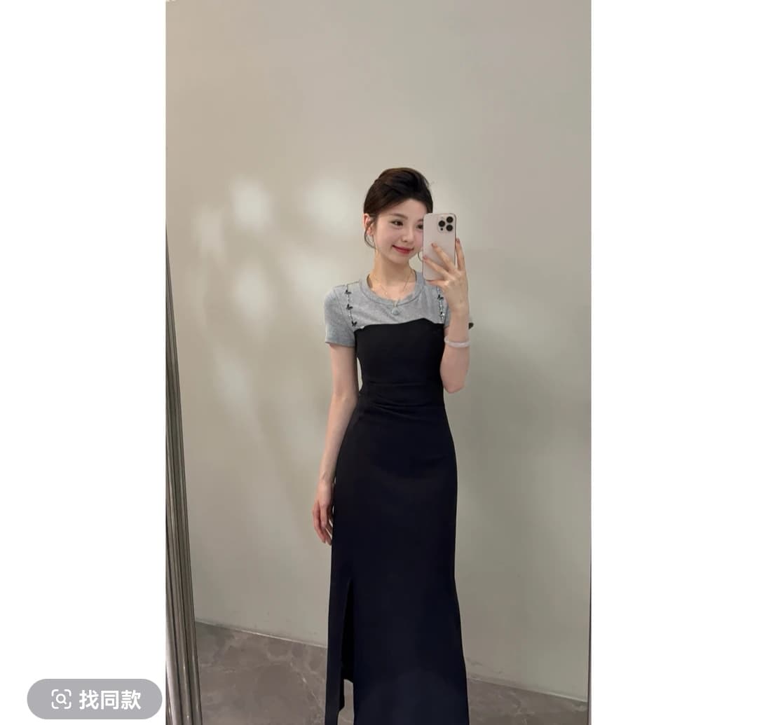 노래 송 여름 새로운 나비 체인 패치워크 페이크 레이어드 허리 수축 슬림해 보이는 품격 프랑스식 드레스