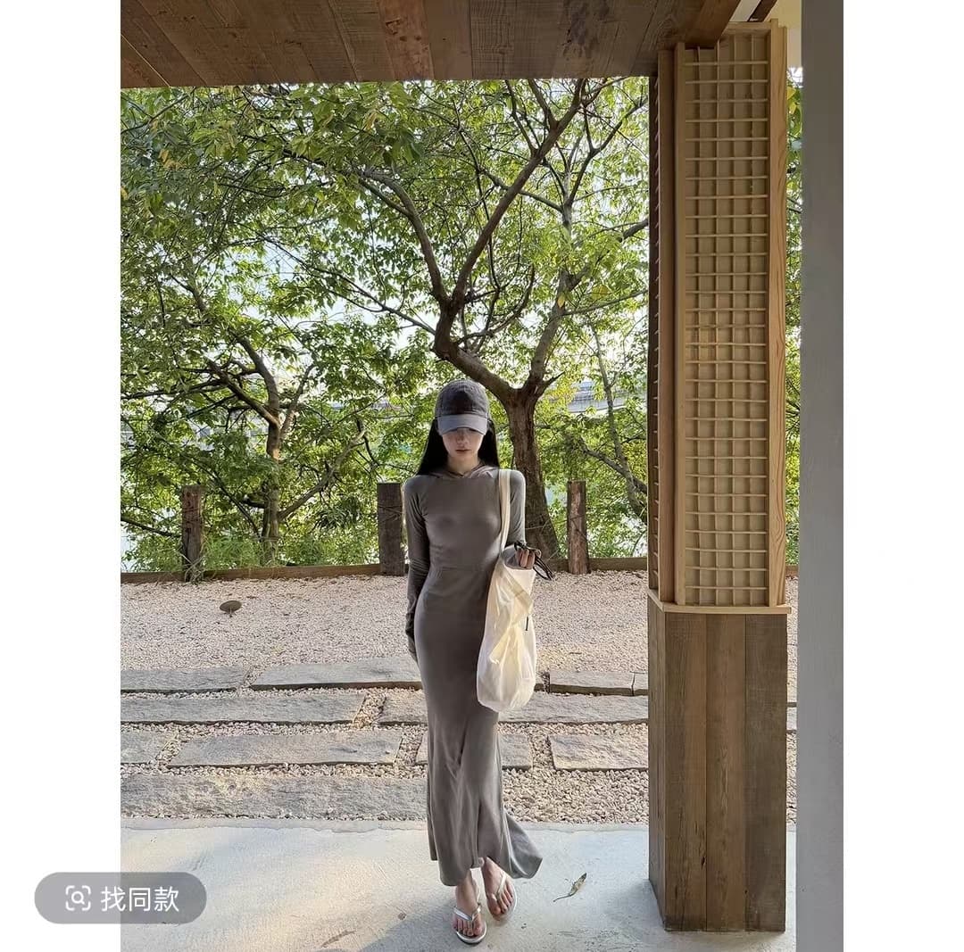 rosybow 프랑스식 순수한 욕망 바람 몸매 가꾸기 슬림해 보이는 품격 후드 긴팔 타이트 스커트 무릎 아래 여성 드레스 이미지 3