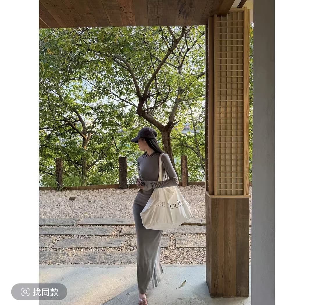 rosybow 프랑스식 순수한 욕망 바람 몸매 가꾸기 슬림해 보이는 품격 후드 긴팔 타이트 스커트 무릎 아래 여성 드레스 상세 이미지 4