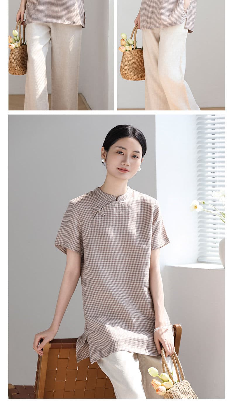 새로운 중식 문예 국풍 비스듬한 襟 단추 컬러 짜임 격자 무늬 셔츠 반팔 맨위 다용도 여성 상세 이미지 6