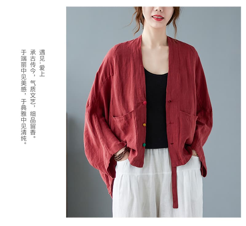 2026 가을 레트로 캐주얼 중식 비스듬한 襟 단추 9부 소매 편안함 루즈핏 면 린넨 여성 코트 상세 이미지 23