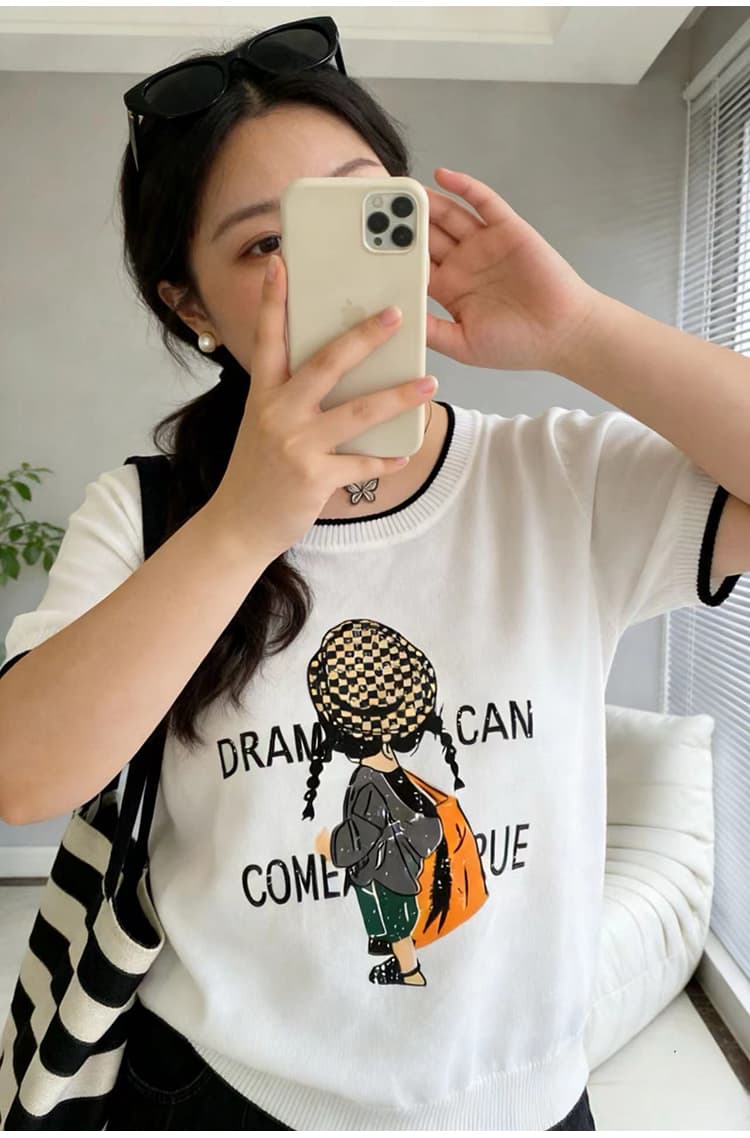 실사 빅 사이즈 여성 의류 2026 봄 여름 드레스 새로운 루즈핏 프린트 니트 반팔 지방 mm 슬림해 보이는 연령 감소 티셔츠 상세 이미지 24
