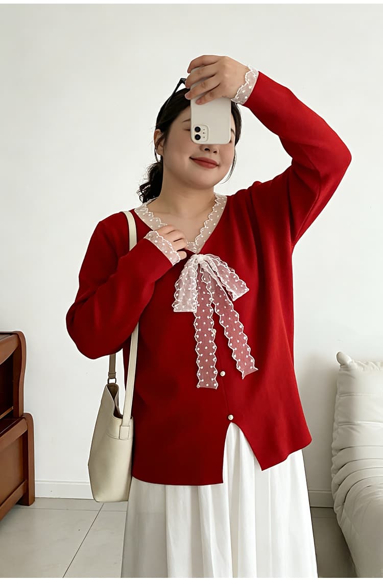 실사 빅 사이즈 여성 의류 지방 mm 2026 봄 드레스 새로운 외국 가스 레이스 V넥 루즈핏 슬림해 보이는 니트 스웨터 맨위 상세 이미지 32