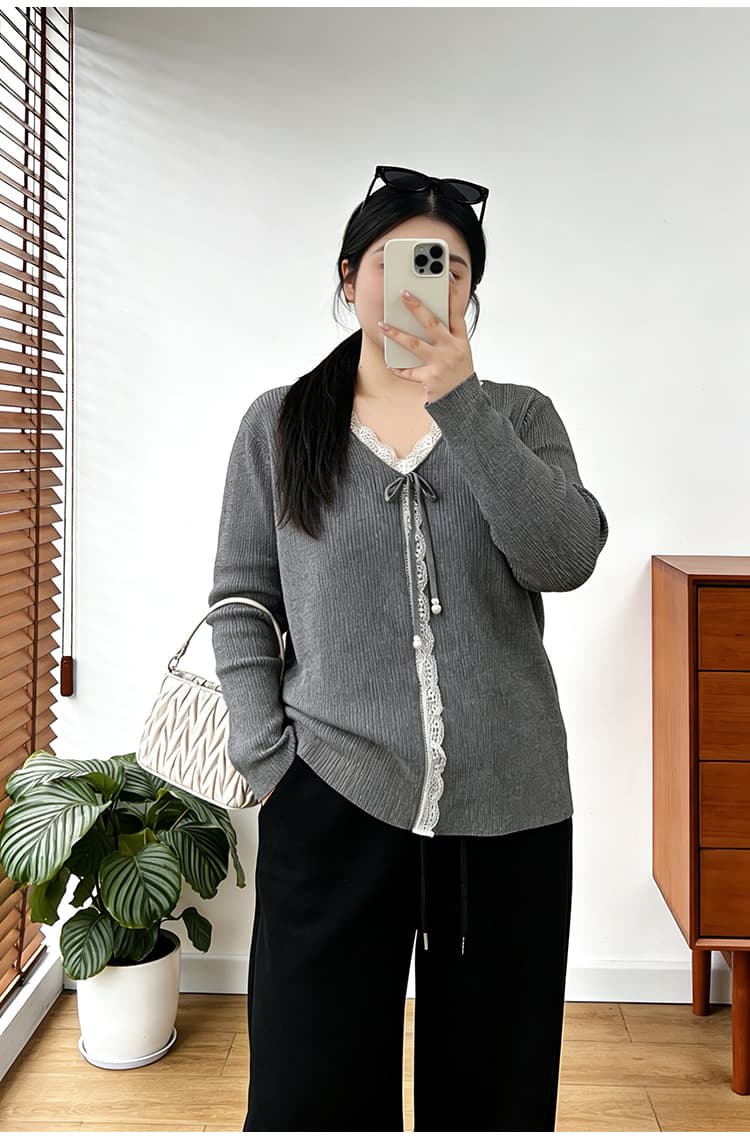 실사 빅 사이즈 여성 의류 지방 mm 2026 봄 드레스 새로운 디자인 섹션 V넥 슬림해 보이는 레이스 조각 니트 스웨터 맨위 상세 이미지 19