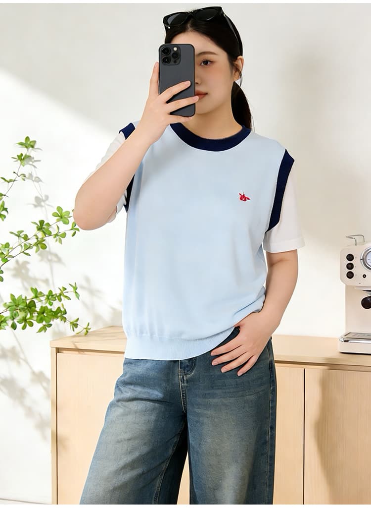 실사 빅 사이즈 여성 지방 mm 2026 여름 드레스 새로운 패션 연령 감소 자수 페이크 레이어드 얼음 실크 니트 반팔 티셔츠 상세 이미지 26