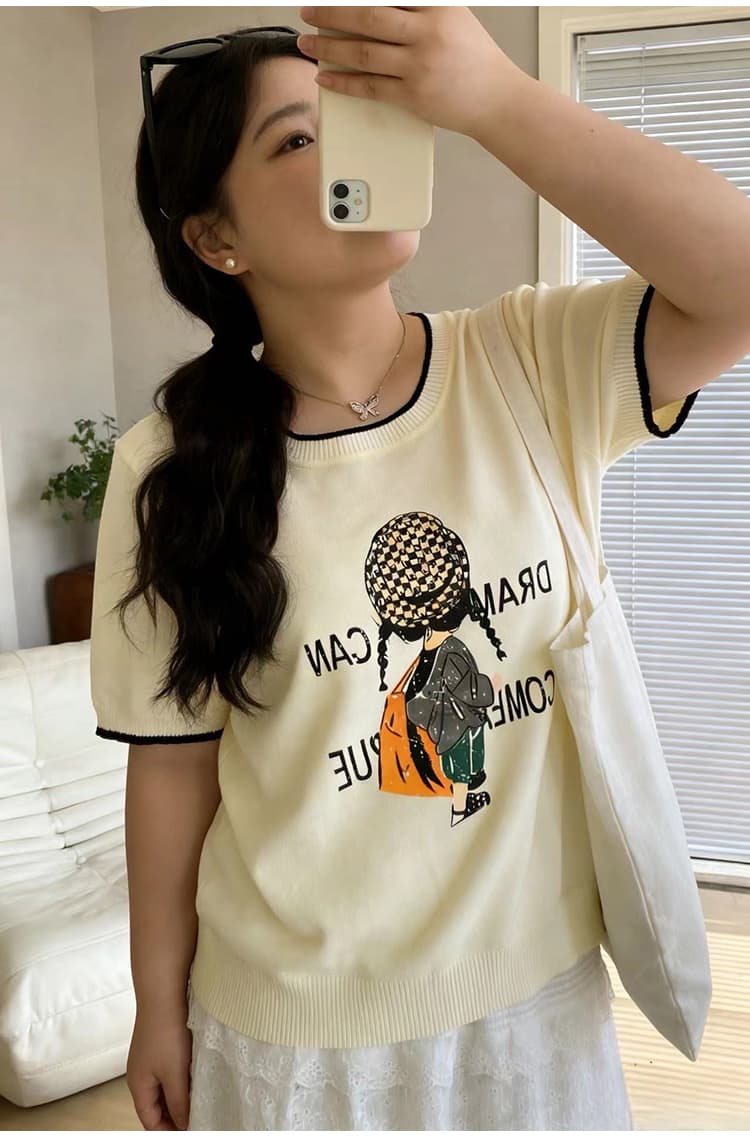 실사 빅 사이즈 여성 의류 지방 mm 2026 여름 드레스 새로운 루즈핏 슬림해 보이는 연령 감소 프린트 얼음 실크 니트 반팔 티셔츠 상세 이미지 17