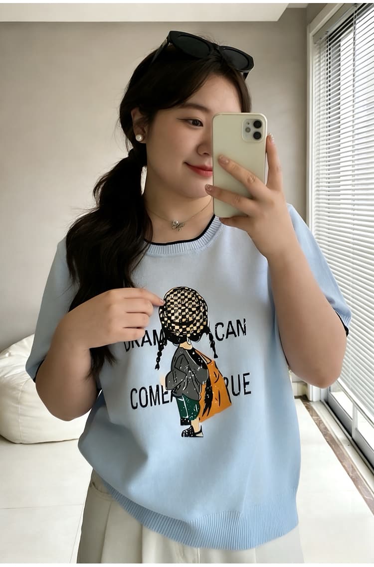 실사 빅 사이즈 여성 의류 지방 mm 2026 여름 드레스 새로운 루즈핏 슬림해 보이는 연령 감소 프린트 얼음 실크 니트 반팔 티셔츠 상세 이미지 35