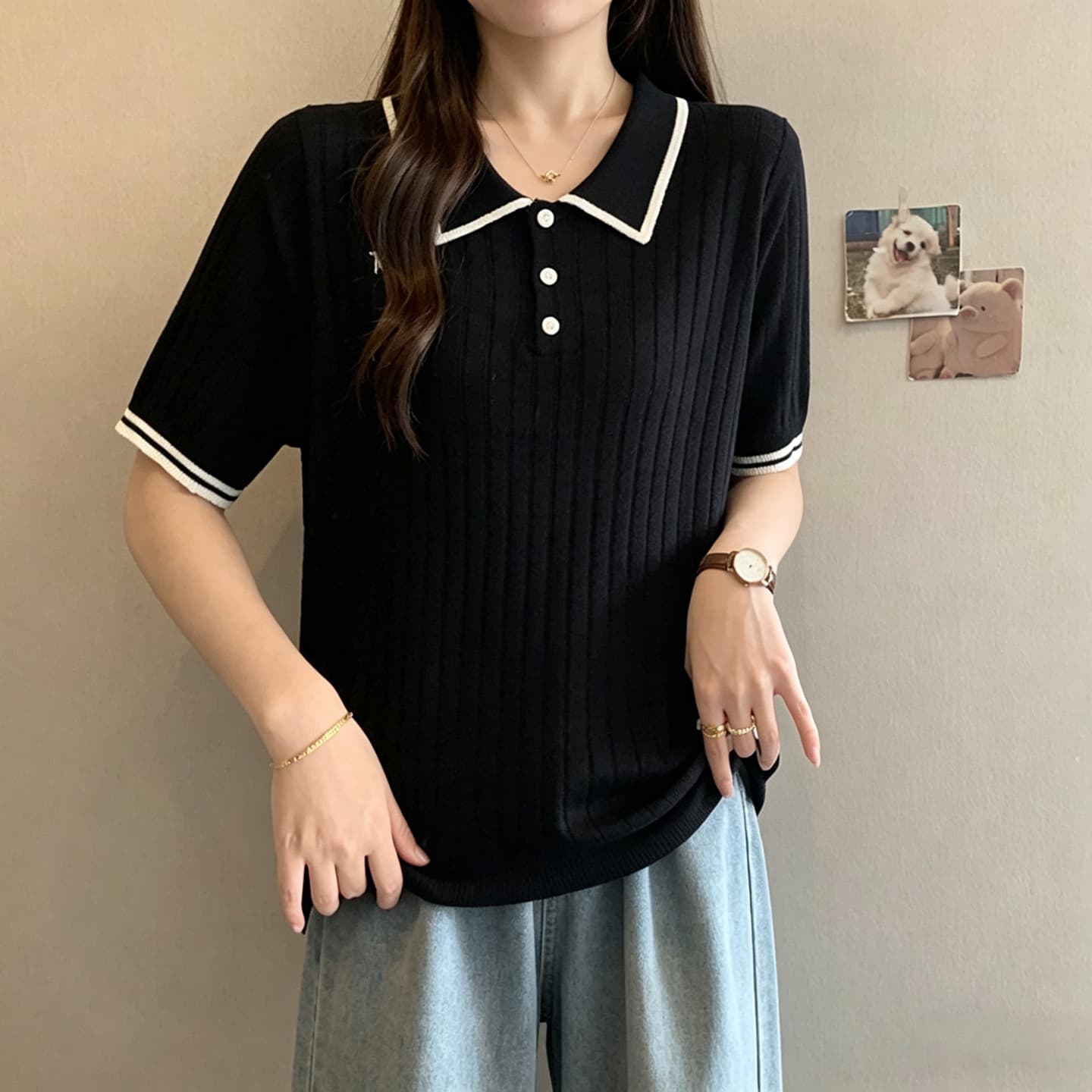 실사 빅 사이즈 여성 의류 20226 여름 새로운 미니멀리즘 다용도 POLO 칼라 지방 mm 주간 실크 니트 반팔 맨위 이미지 2