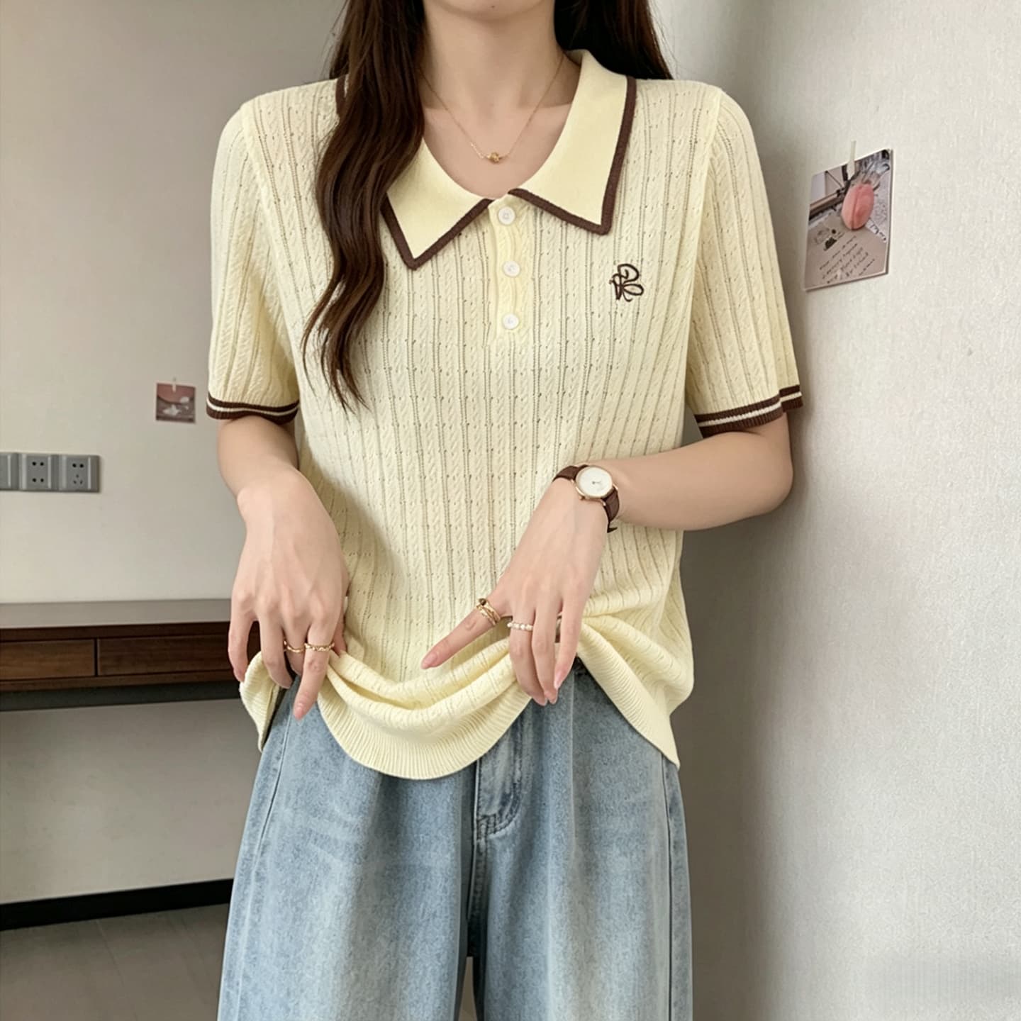 실사 빅 사이즈 여성 의류 20226 여름 새로운 미니멀리즘 다용도 POLO 칼라 지방 mm 주간 실크 니트 반팔 맨위 이미지 4