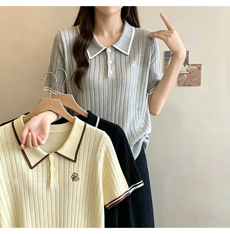 실사 빅 사이즈 여성 의류 20226 여름 새로운 미니멀리즘 다용도 POLO 칼라 지방 mm 주간 실크 니트 반팔 맨위 상세 이미지 17