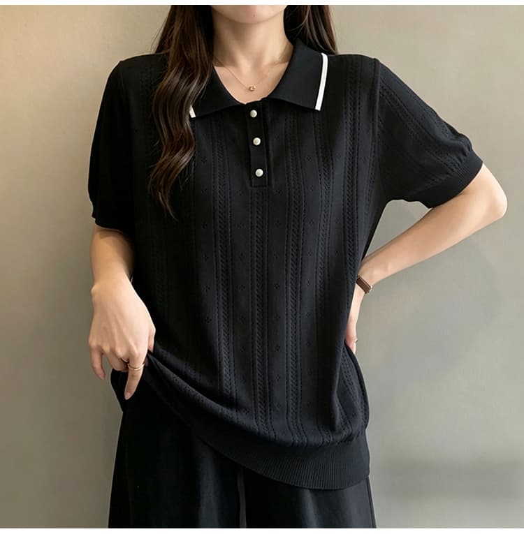 실사 빅 사이즈 여성 의류 2026 여름 새로운 미니멀리즘 슬림해 보이는 POLO 칼라 통통한 여동생 얼음 실크 니트 반팔 맨위 상세 이미지 23
