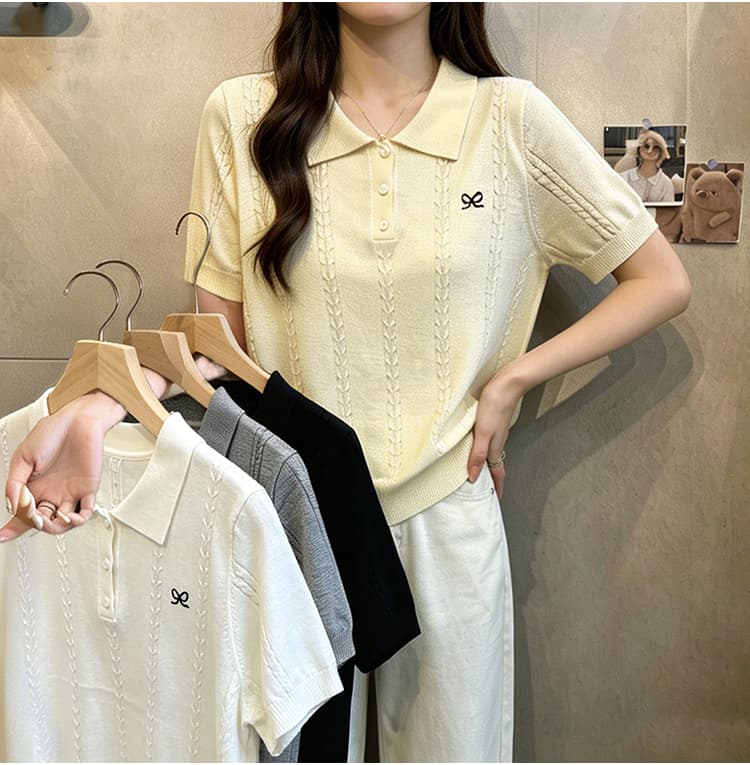 실사 빅 사이즈 여성 의류 2026 여름 새로운 미니멀리즘 POLO 칼라 자수 통통한 여동생 주간 실크 니트 반팔 맨위 상세 이미지 14