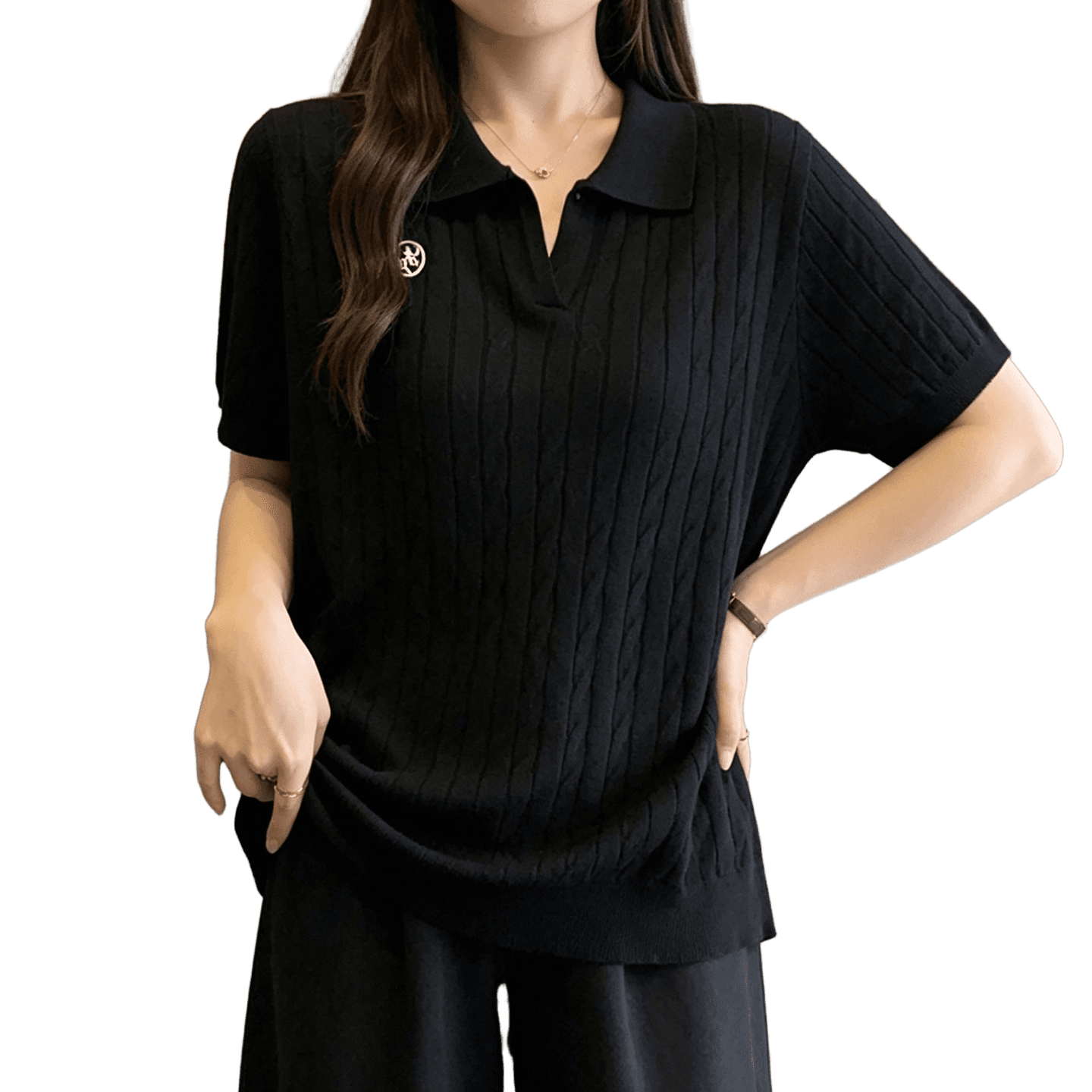 실사 빅 사이즈 여성 의류 2026 여름 새로운 미니멀리즘 슬림해 보이는 POLO 칼라 통통한 여동생 주간 실크 니트 반팔 맨위 이미지 5